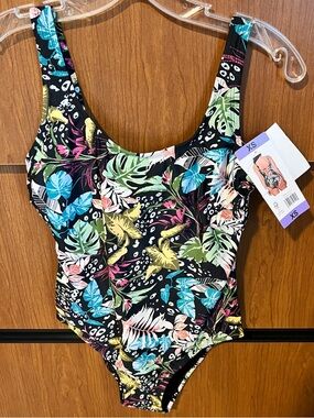 NWT Ladies OP Floral One-Piece Swimsuit - Black Multi
